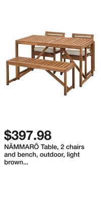 IKEA Nämmarö table, 2 chairs and bench, outdoor, light brown stained/kuddarna beige offer