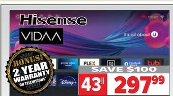 2001 Audio Video Hisense 43" 4k ultra hd vidaa tv offer