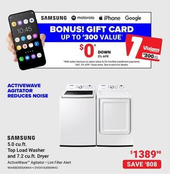 Visions Electronics Samsung 5.0 cu. ft. top load washer and 7.2 cu. ft. dryer offer