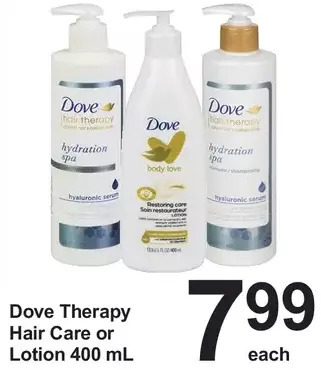 Pharmasave Dove therapy hair care or lotion offer