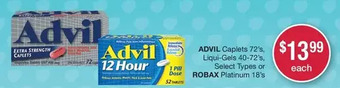 Pharmasave Advil caplets, liqui-gels or robax platinum offer