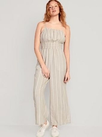 Old Navy Striped linen-blend cropped smocked cami wide-leg jumpsuit for women offer