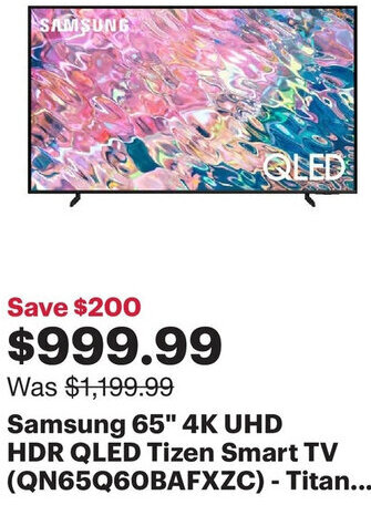 Best Buy Samsung 65" 4K UHD HDR QLED Tizen Smart TV offer