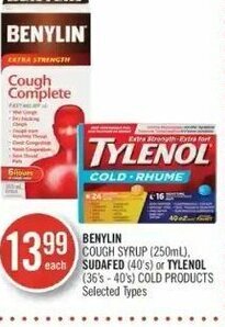 Shoppers Drug Mart Benylin Cough Syrup (250mL), Sudafed (40's) or Tylenol (36's-40's) Cold Products offer