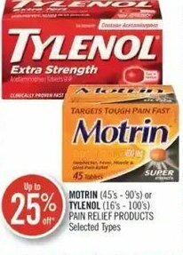 Shoppers Drug Mart Motrin (45's-90's) or Tylenol (16's-100's) Pain Relief Products offer