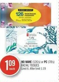 Shoppers Drug Mart No Name (126's) or PC ( 78's) Facial Tissues offer