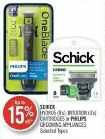 Shoppers Drug Mart Schick Hydro5 (8's), Intuition (6's) Cartridges or Philips Grooming Appliances offer