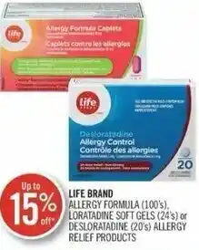 Shoppers Drug Mart Life Brand Allergy Formula (100's), Loratadine Soft Gels (24's) or Desloratadine (20's) Allergy Relief Products offer