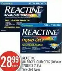 Shoppers Drug Mart Reactine Allergy Liquid Gels (40's) or Tablets (48's) offer