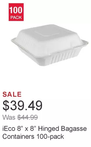 Costco Ieco 8” x 8” hinged bagasse containers 100-pack offer