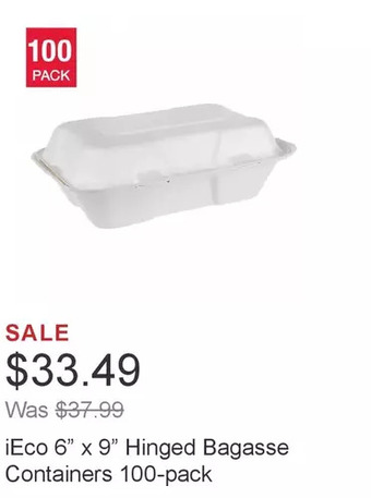 Costco Ieco 6” x 9” hinged bagasse containers 100-pack offer