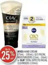 Shoppers Drug Mart Nivea Hand Cream (75mL-100mL), Q10 Facial Moisturizers (15mL-50mL) or Olay Total Effects Facial Cleansers (150mL) offer
