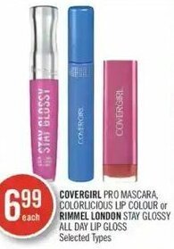 Shoppers Drug Mart Covergirl Pro Mascara, Colorlicious Lip Colour or Rimmel London Stay Glossy All Day Lip Gloss offer