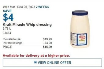 Costco Kraft Miracle Whip Dressing 3.78 L offer
