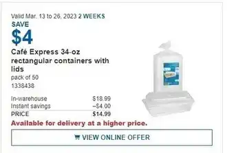 Costco Café Express 34-oz Rectangular Containers with Lids pack of 50 offer
