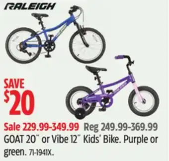 Canadian Tire Raleigh goat 20" or vibe 12" kids' bike offer