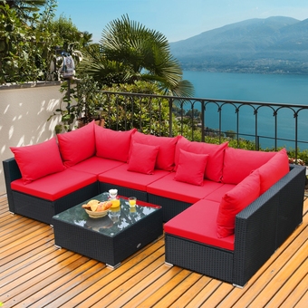 Best Buy Gymax 7pcs rattan patio conversation set sectional furniture set w/ red cushion offer