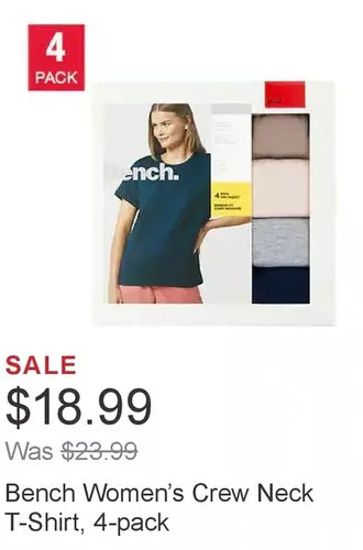 Costco Bench women’s crew neck t-shirt, 4-pack offer