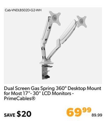 Shopper+ Dual screen gas spring 360° desktop mount for most 17"-30" lcd monitors - primecables offer