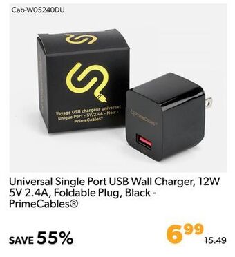 Shopper+ Universal single port usb wall charger, 12w 5v 2.4a, foldable plug, black - primecables offer