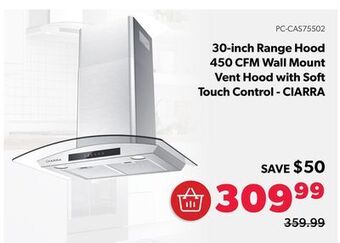 Shopper+ 30-inch range hood 450 cfm wall mount vent hood with so touch control - ciarra offer