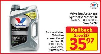 Walmart Valvoline advanced synthetic motor oil offer
