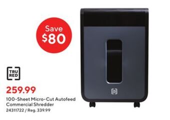 Staples Tru red 100-sheet micro-cut autofeed commercial shredder offer