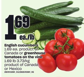 Loblaws English cucumbers or greenhouse tomatoes on the vine offer