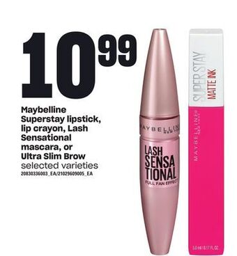 Loblaws Maybelline superstay lipstick, lip crayon, lash sensational mascara, or ultra slim brow offer