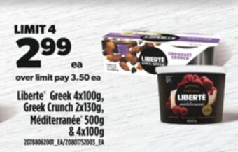 Real Canadian Superstore Liberte greek, 4x100g, greek crunch, 2x130g, méditerranée, 500g & 4x100g offer