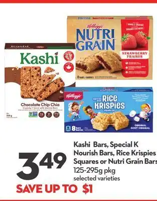 Longo's Kashi bars, special k nourish bars, rice krispies squares or nutri grain bars offer