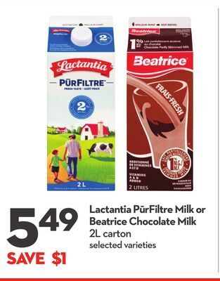 Longo's Lactantia pūrfiltre milk or beatrice chocolate milk offer