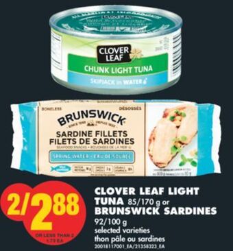 No Frills Clover leaf light tuna, 85/170 g or brunswick sardines, 92/100 g offer