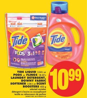 No Frills Tide liquid, 2.04 l or pods or flings, 18-35's laundry detergent, downy fabric softener, 3.06 l or scent boosters, 422 g offer