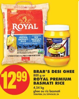 No Frills Brar's desi ghee, 800 g or royal premium basmati rice, 4.54 kg offer