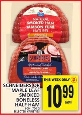 Food Basics Schneiders or maple leaf smoked boneless half ham offer