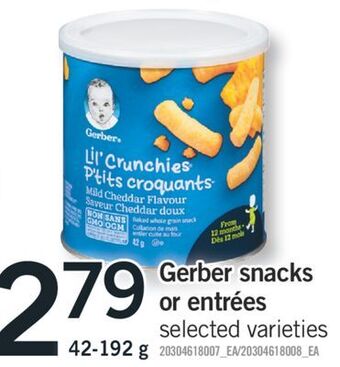 Fortinos Gerber snacks or entrées , 42-192 g offer