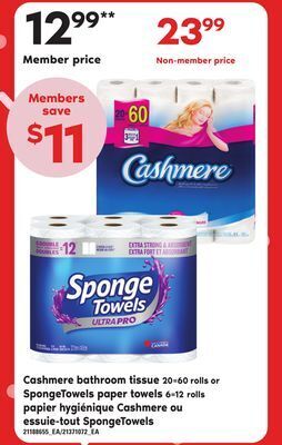 Independent Grocer Cashmere bathroom tissue, 20=60 rolls or spongetowels paper towels, 6=12 rolls offer
