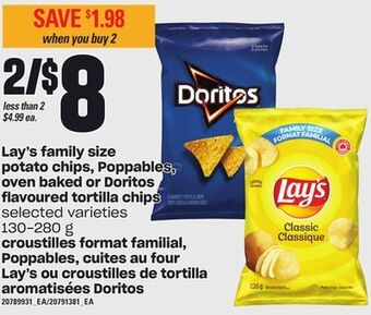 Independent Grocer Lay's family size potato chips, poppables, oven baked or doritos flavoured tortilla chips, 130-280 g offer