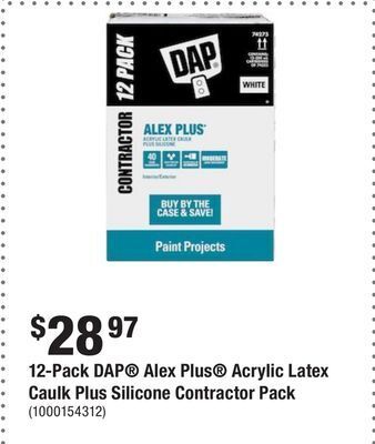 Home Depot 12-pack dap® alex plus® acrylic latex caulk plus silicone contractor pack offer