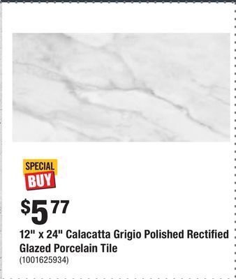 Home Depot 12" x 24" calacatta grigio polished rectified glazed porcelain tile offer