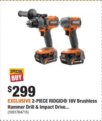 Home Depot Exclusive 2-piece ridgid® 18v brushless hammer drill & impact driver kit offer