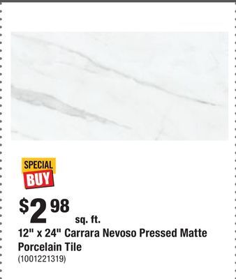 Home Depot 12" x 24" carrara nevoso pressed matte porcelain tile offer