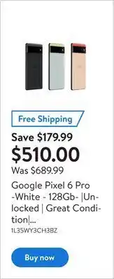 Walmart Google pixel 6 pro -white - 128gb- |unlocked | great condition| open box offer