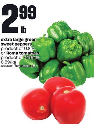 Zehrs Markets Extra large green sweet peppers or roma tomatoes offer