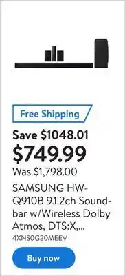 Walmart Samsung hw-q910b 9.1.2ch soundbar w/wireless dolby atmos, dts:x, rear speakers, q symphony, built in voice assistant - open b offer