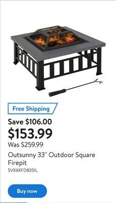 Walmart Outsunny 33" outdoor square firepit offer