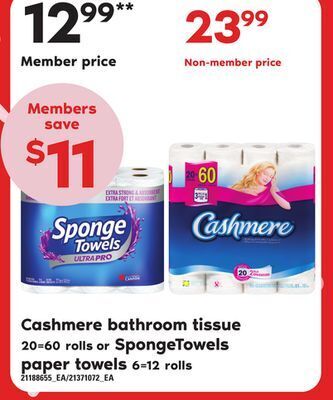 Zehrs Markets Cashmere bathroom tissue, 20=60 rolls or spongetowels paper towels, 6=12 rolls offer
