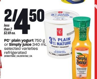 Zehrs Markets Pc® plain yogurt, 750 g or simply juice, 340 ml offer