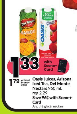 Chalo FreshCo Oasis juices, arizona iced tea, del monte nectars 960 ml offer